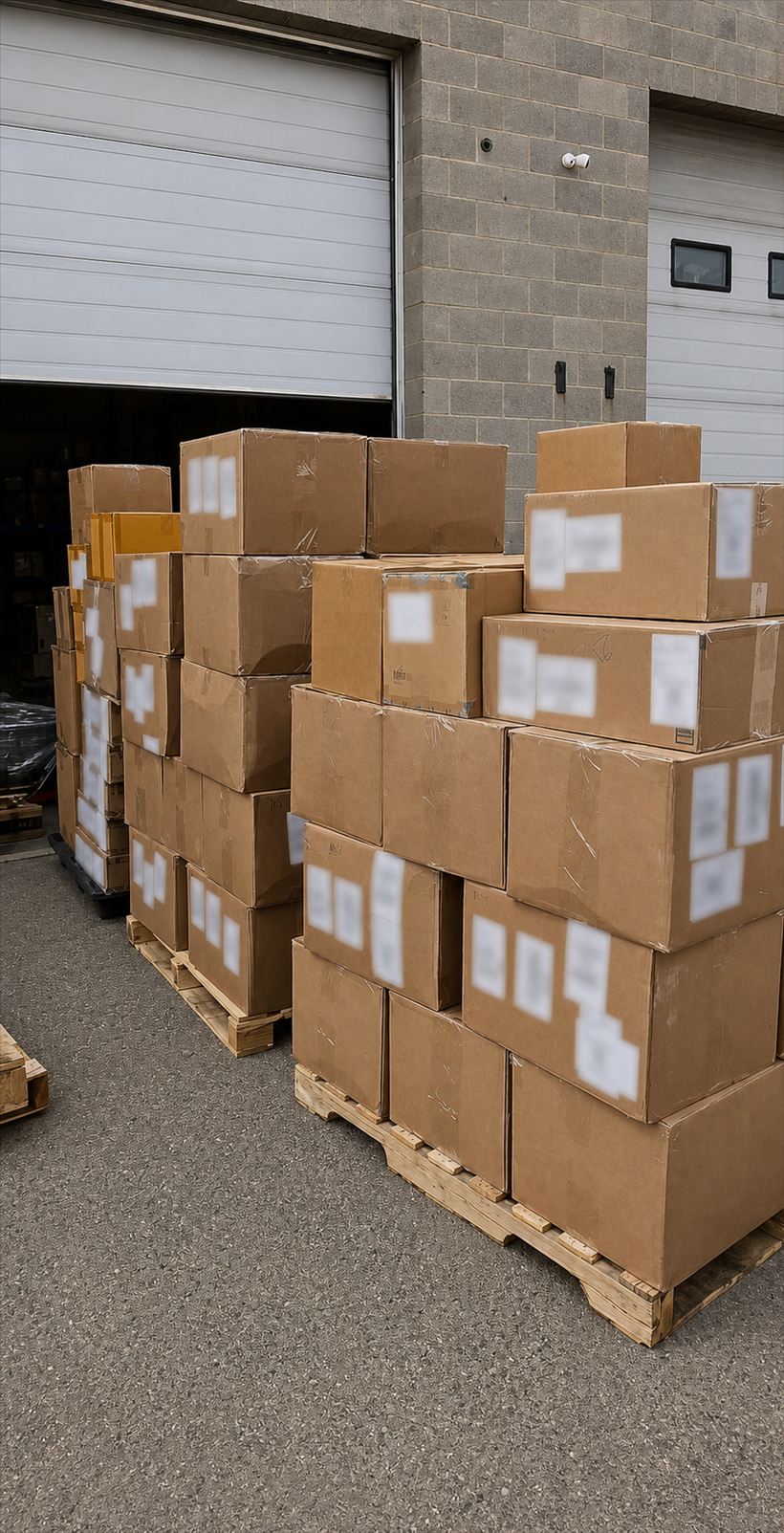 Cartons on pallets at the YYC Prep receiving warehouse